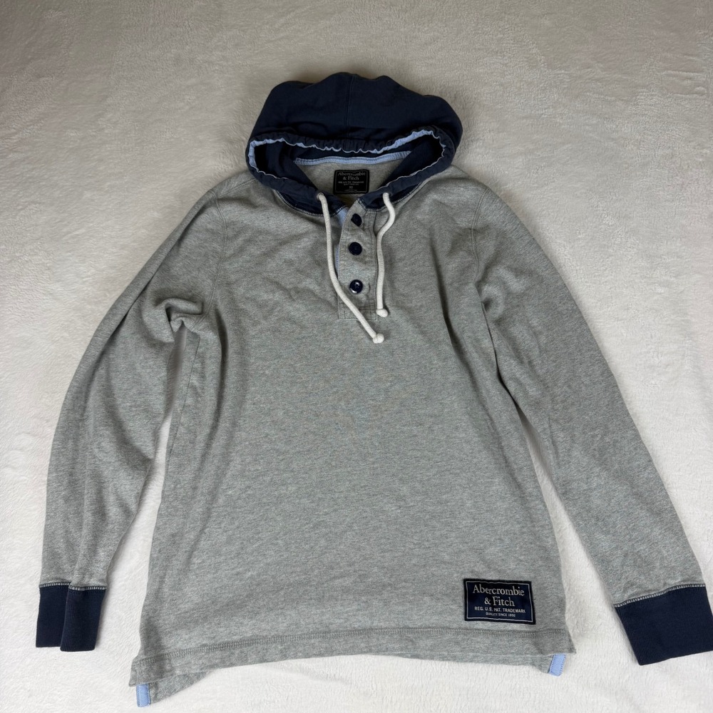 Abercrombie & Fitch Mens XS Vintage Hooded Henley Shirt Gray Navy Long Sleeve